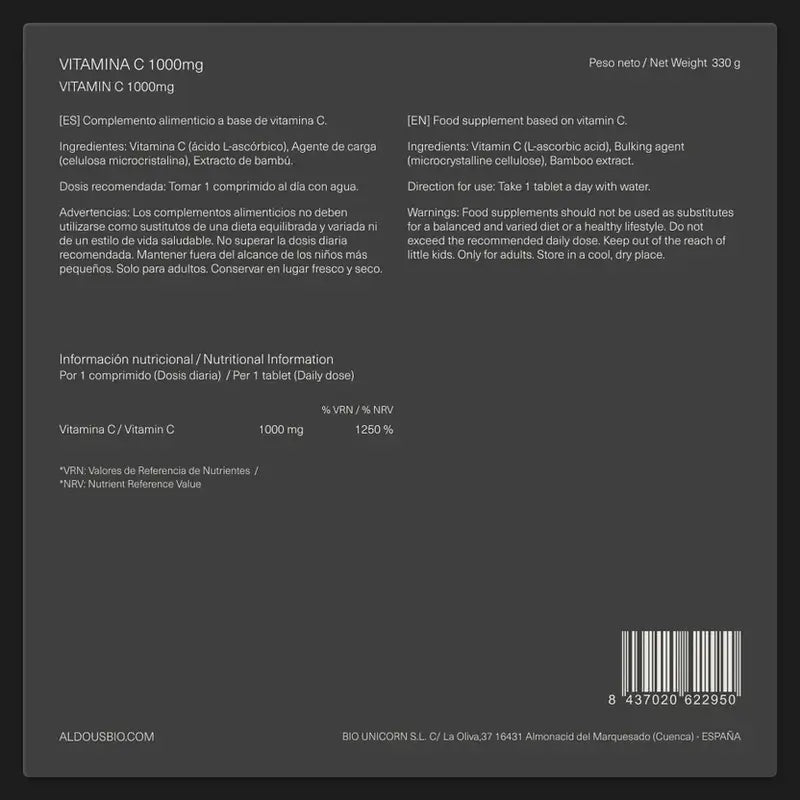 Aldous Bio Puhdas C-vitamiini 1000 mg, 250 tablettia
