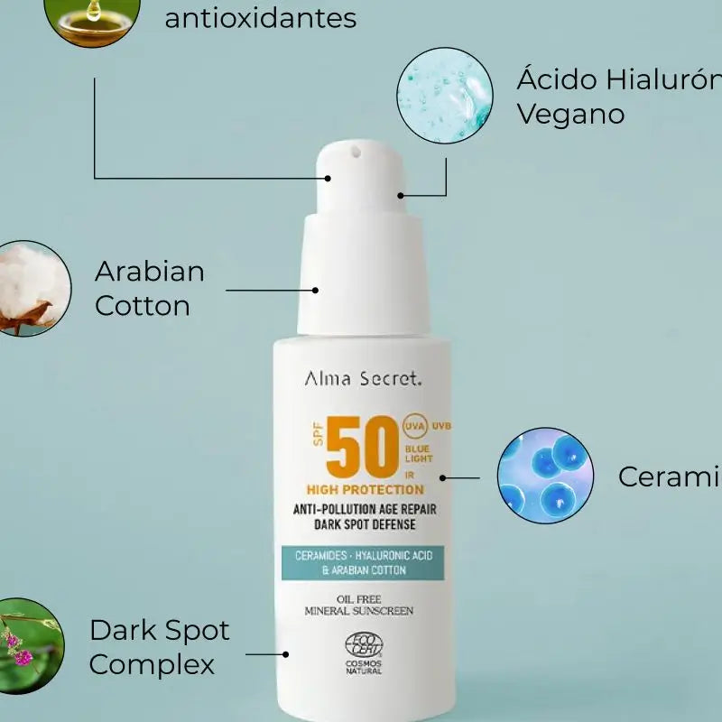 Alma Secret Solar Facial Natural SPF 50, sisältää keramideja, ehkäisee pigmenttimuutoksia ja on öljytön
