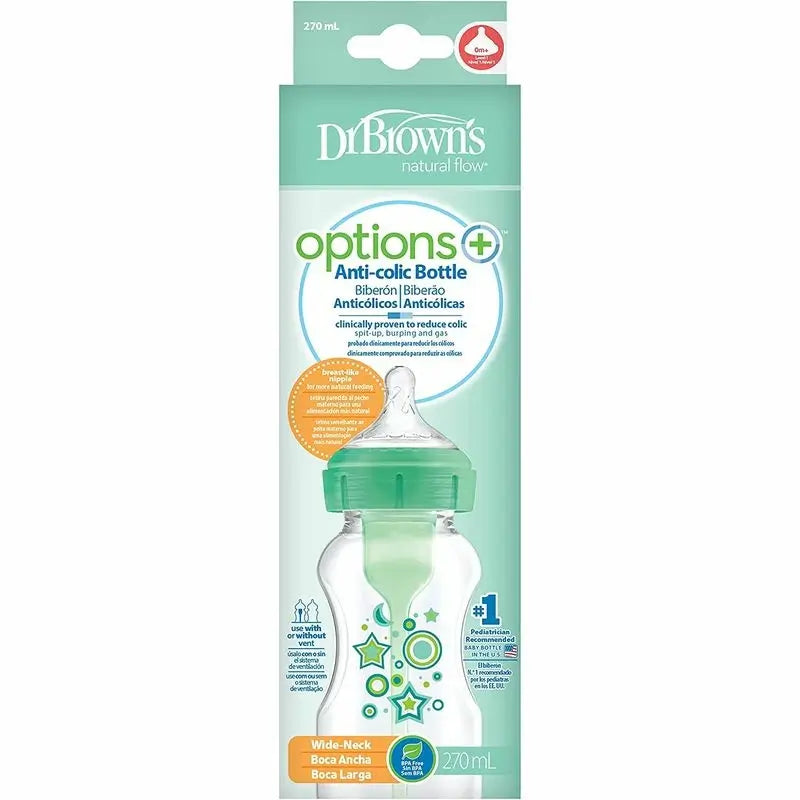 Vihreä, tähtikuvioinen, leveäsuinen Options+ PP-tuttipullo, 270 ml