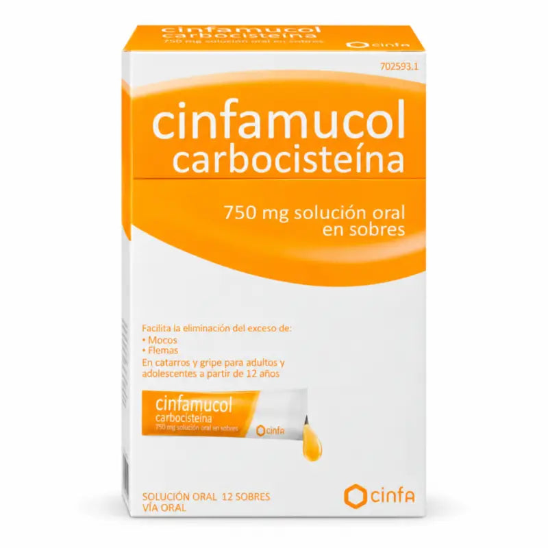 Cinfamucol Karbocisteiini 750 mg suun kautta otettava liuos, 12 pussia