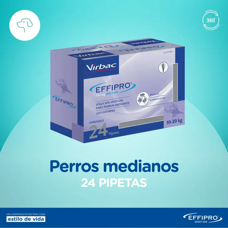 Effipro 134 mg Spot-On keskikokoisille koirille (10–20 kg), 24 pipettia