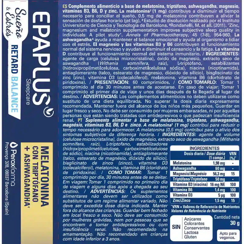 Epaplus Sleepcare Melatonina Retard Balance, sisältää tryptofaania, 30 grammaa, 60 tablettia