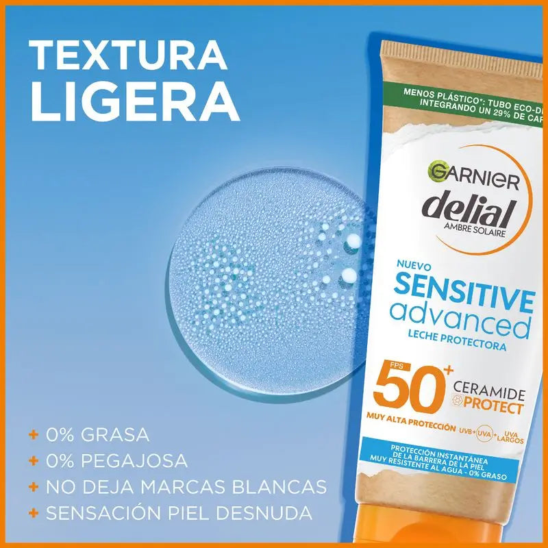 Garnier Delial Sensitive Advanced aurinkosuojamaito vaalealle, herkälle ja auringolle herkälle iholle SPF 50+ – 175 ml.