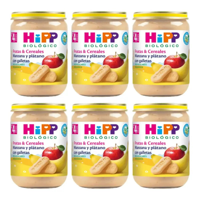 Hipp Bio Omena- ja banaanipurkki, jossa on keksejä, 6 x 190 g:n pakkaus