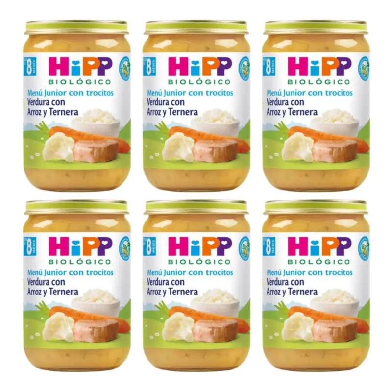 Hipp Bio -vihannespurkki, jossa on riisiä ja naudanlihaa, 6 x 220 g:n pakkaus