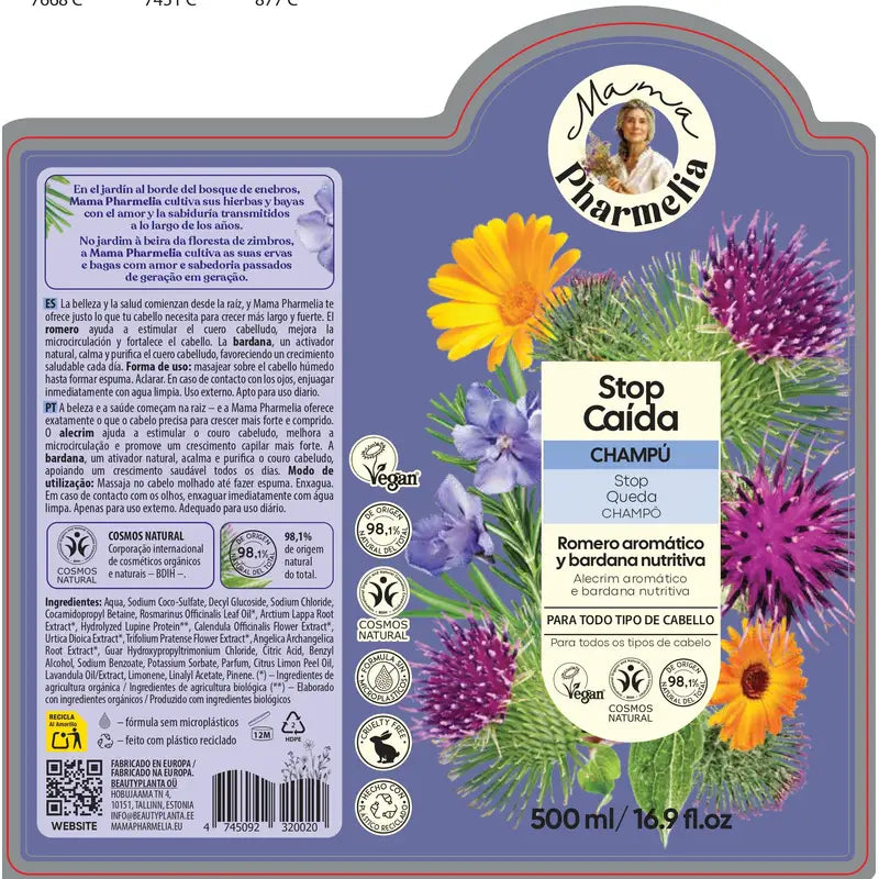 Mama Pharmelia Stop Caida -shampoo, aromaattinen rosmariini ja ravitseva takiainen, 500 ml