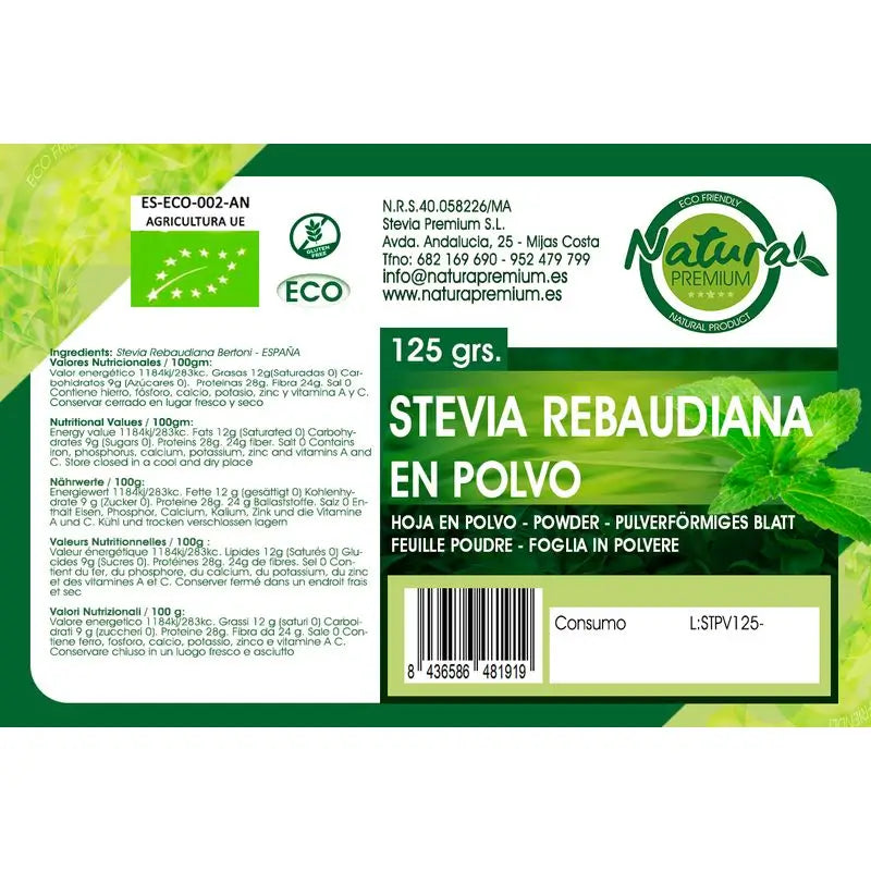 Natura Premium Stevia -jauhettu lehti, luomu, 125 g