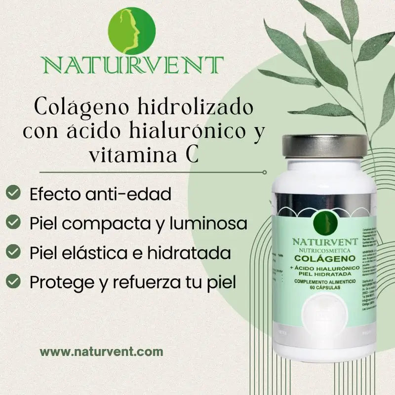 Naturvent kasvohoito: hydrolysoitu kollageeni, hyaluronihappo ja C-vitamiini, 60 kapselia