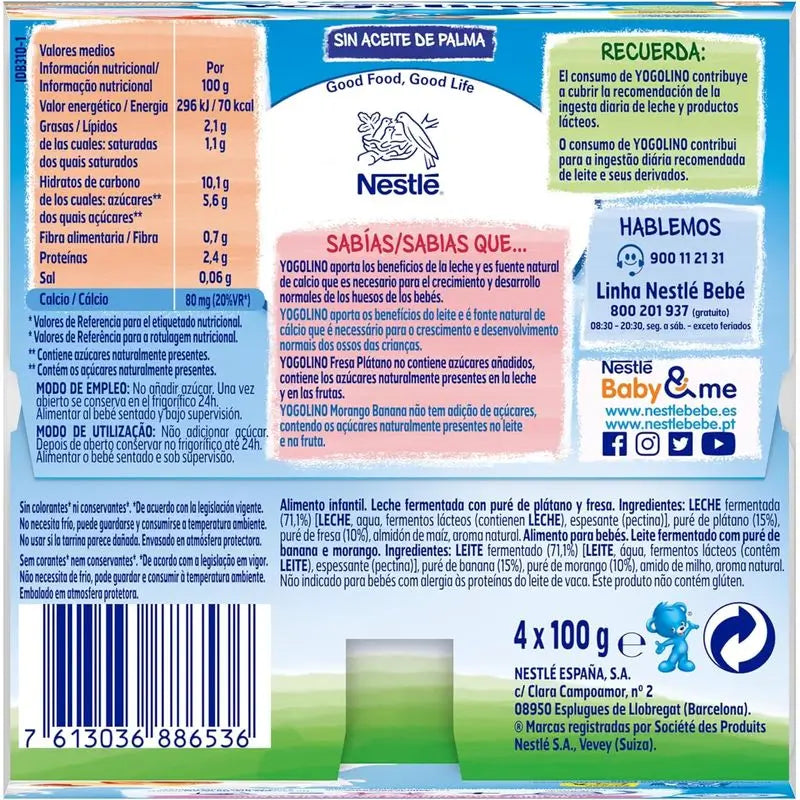 Nestlé Yogolino mansikka ja banaani, ilman sokeria, 4 x 100 g