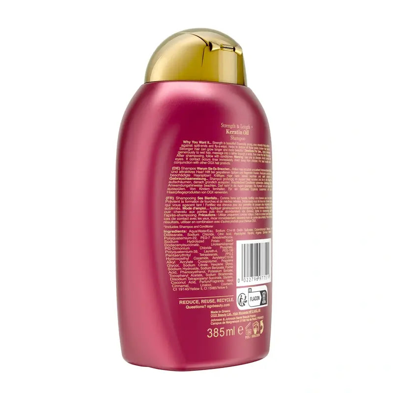 OGX-shampoo, keratiiniöljy, hauraalle hiukselle, kosteuttava ja vahvistava, 385 ml