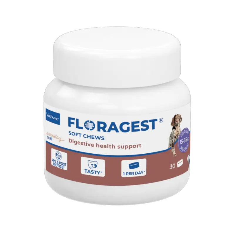 Virbac Floragest® Soft Chews – Ruoansulatusta edistävä ravintolisä keskikokoisille koirille, 1 purkki (30 purutablettia)