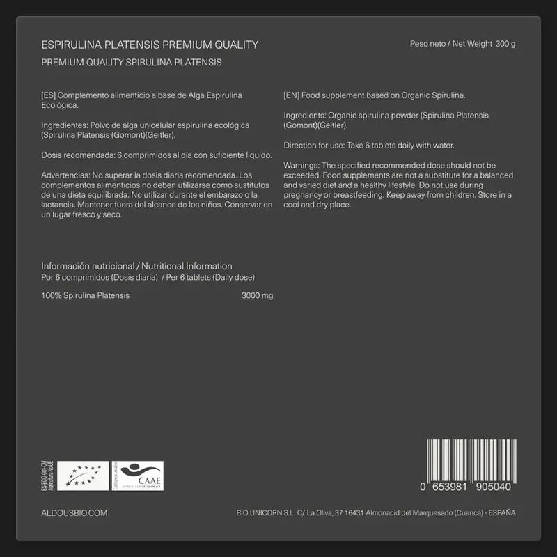 Aldous Bio Premium-luokan luomuspirlulina, 600 kappaletta