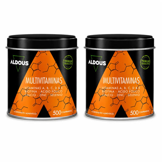 Aldous Bio -monivitamiinit: C-, D-, E- ja A-vitamiinit, B-vitamiinit, biotiini, foolihappo, kalsium, sinkki, seleeni, 500 kapselia, 2 pakkausta