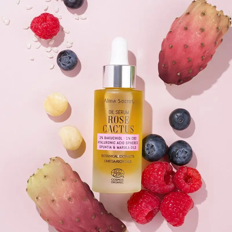Alma Secret Rose Cactus -öljyseerumi, jossa on 2 % bakuchiolia, 1 % CBD:tä ja hyaluronihappoa