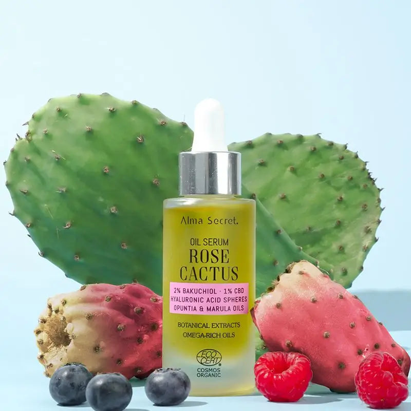 Alma Secret Rose Cactus -öljyseerumi, jossa on 2 % bakuchiolia, 1 % CBD:tä ja hyaluronihappoa