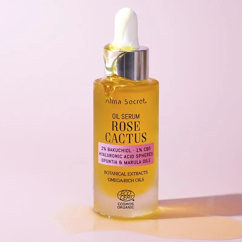 Alma Secret Rose Cactus -öljyseerumi, jossa on 2 % bakuchiolia, 1 % CBD:tä ja hyaluronihappoa