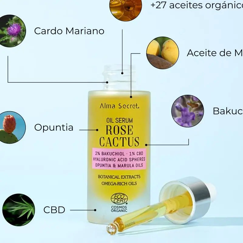 Alma Secret Rose Cactus -öljyseerumi, jossa on 2 % bakuchiolia, 1 % CBD:tä ja hyaluronihappoa