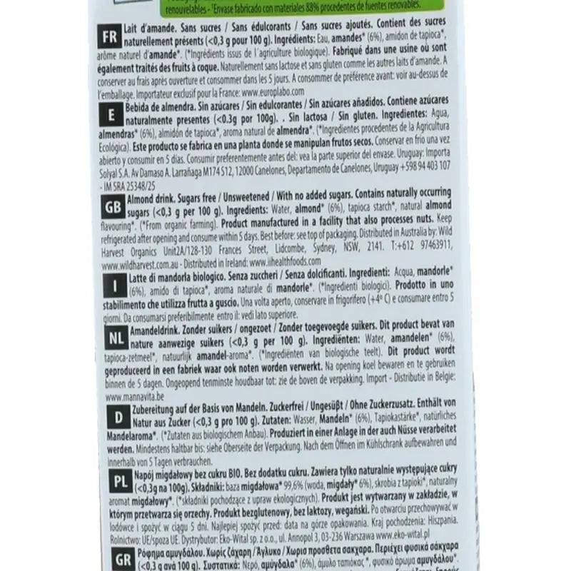 Almond Ecomil Nature-mantelijuoma 1 l, 6 kpl, luomutuote, valmistaja tuntematon