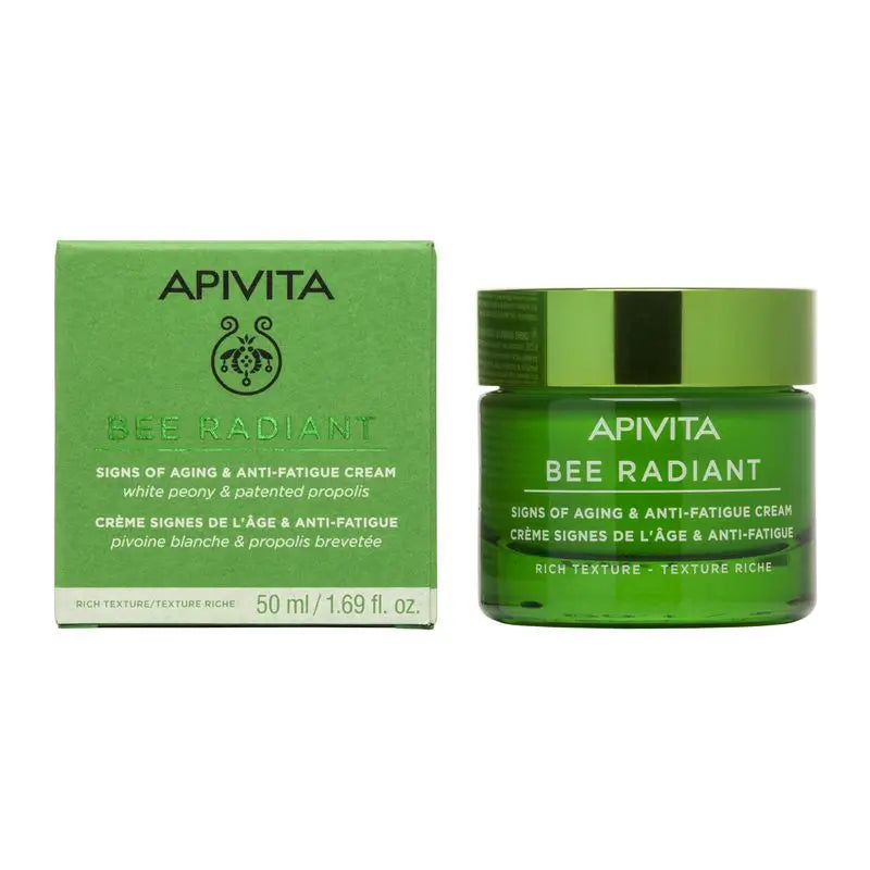 APIVITA Bee Radiant -voide ikääntymisen merkkien ja väsymyksen torjumiseen, sisältää valkoista pioniä ja patentoitua propoleumia