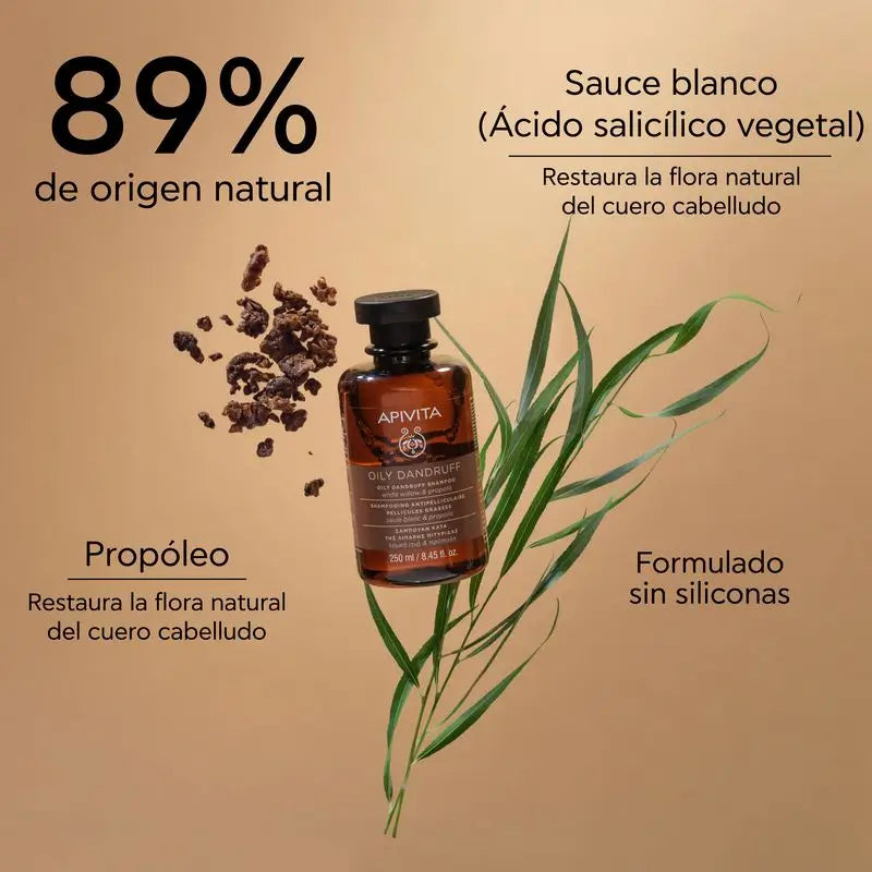 APIVITA Rasvaisen päänahan hilseä vastaan tarkoitettu shampoo, jossa on valkopaju ja propolis, 250 ml