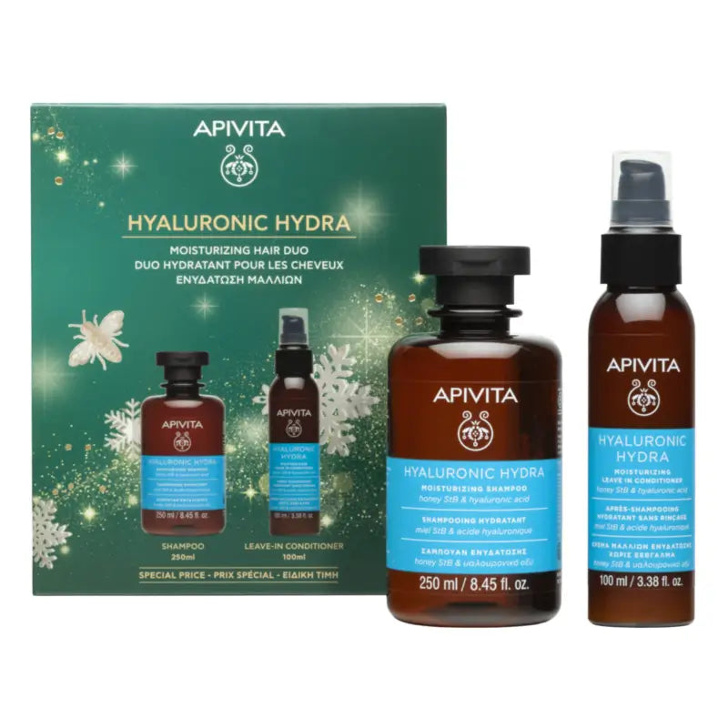 Apivita Hyaluronic Hydra -paketti: shampoo + huuhtelematon hoitoaine, 250 + 100 ml