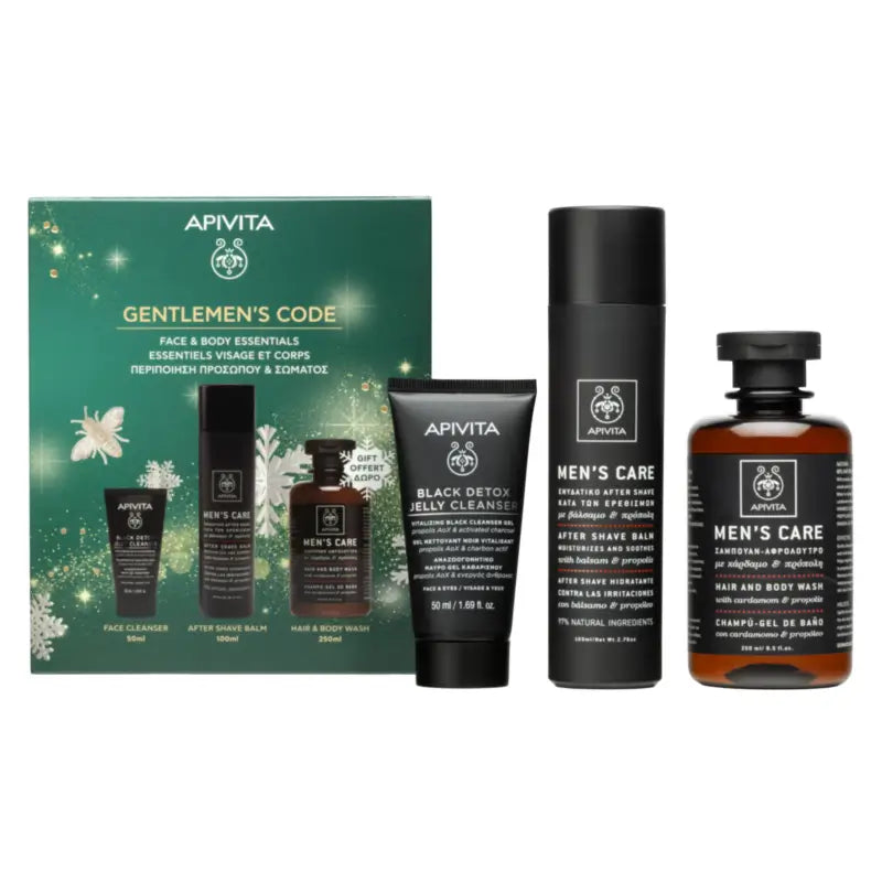 Apivita Mencare -lahjapakkaus: aftershave + Black Detox + lahja, 100 + 50 + 250 ml