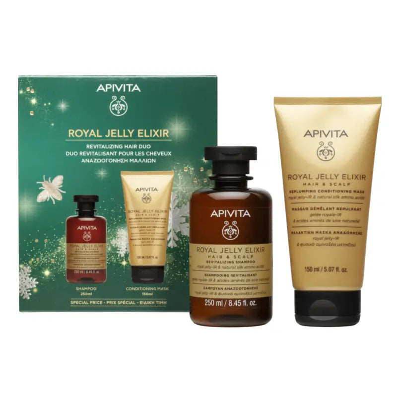 Apivita Royal Jelly Elixir -paketti: shampoo + hoitoaine-naamio, 250 + 150 ml