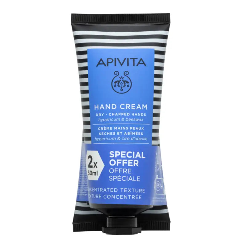 Apivita Duplo - käsivoide kuiville ja halkeileville käsille, sisältää mäkikuismaa, 2 x 50 ml