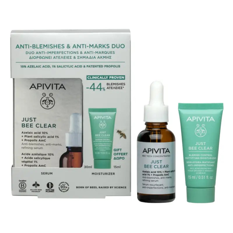 Apivita Just Bee Clear -seerumi 30 ml + kosteuttava, ihoa mattava ja epäpuhtauksia torjuva voide 15 ml