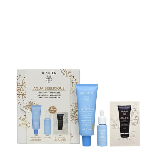 Apivita Promo Aqua Beelicious kosteuttava ja hehkua antava värillinen nestemäinen voide, SPF 30, 40 ml + lahjana seerumi 10 ml + Black Detox 5 ml 