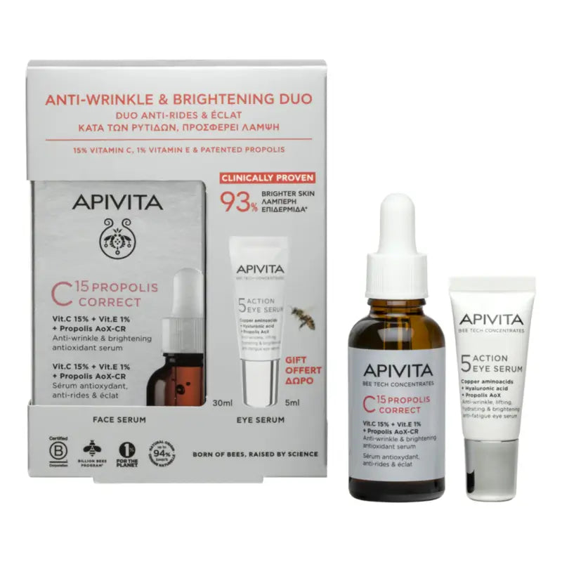 Apivita C15-korjaava seerumi, propolis, 30 ml + 5 Action Eye -silmäseerumi, 5 ml