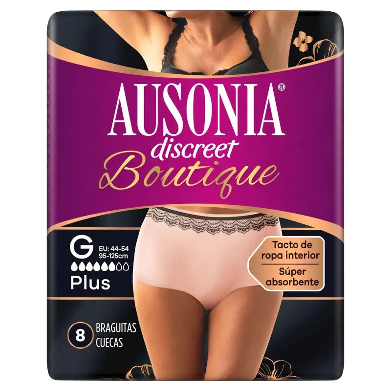 Ausonia Discreet Boutique -inkontinenssialushousut, beige, Plus-koko G, 8 kpl