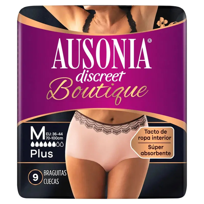 Ausonia Discreet Boutique -inkontinenssialushousut, beige, Plus-malli, koko M, 9 kpl