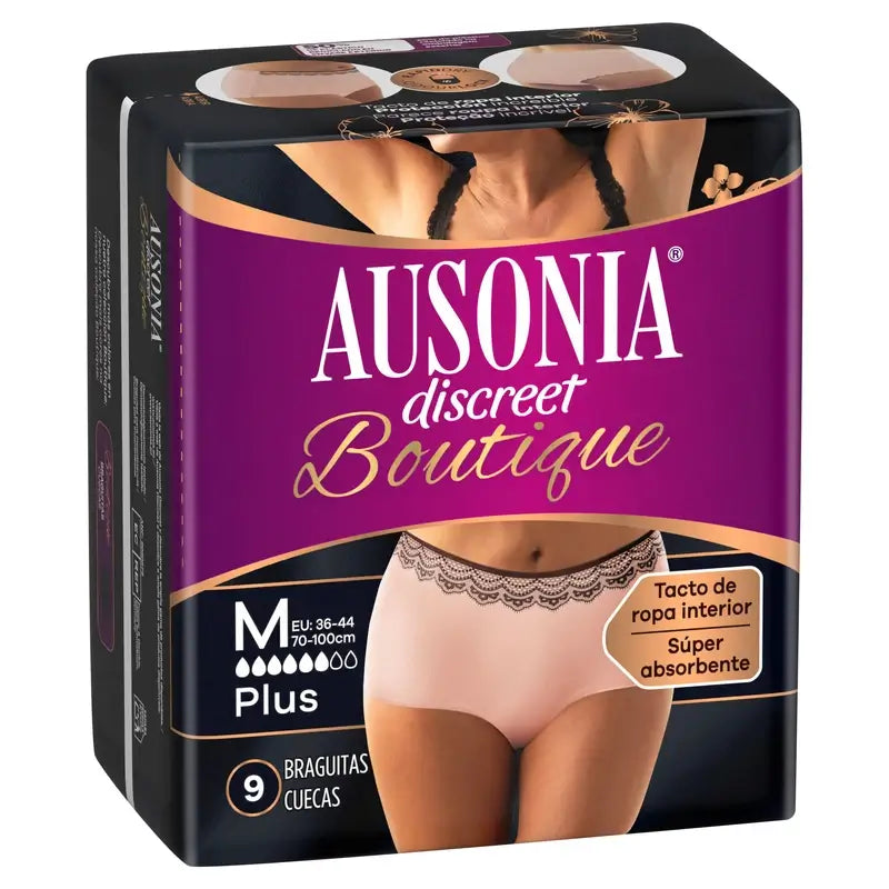 Ausonia Discreet Boutique -inkontinenssialushousut, beige, Plus-malli, koko M, 9 kpl