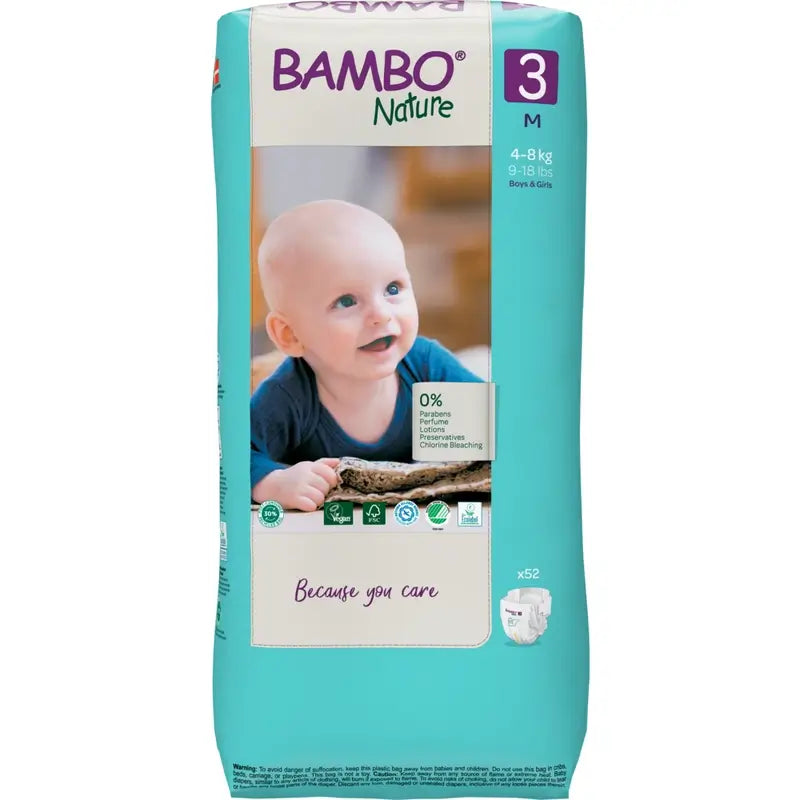Bambo Nature -vaipat, koko 3 (4–8 kg), 52 kpl