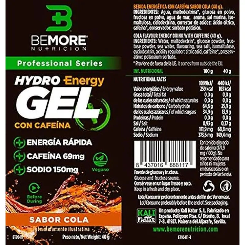 Bemore Nutrición Hydro Gel+ Energy, kolanmakuinen, kofeiinipitoinen, 24 kpl