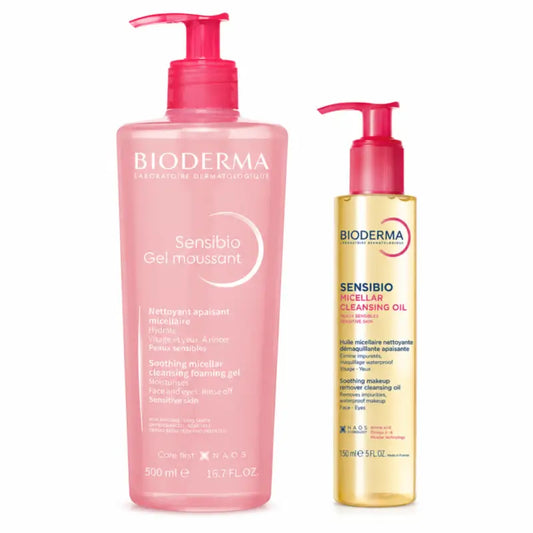 Bioderma Sensibio -pakkaus: micellaarinen puhdistusöljy 150 ml + vaahtoutuva pesugeeli 500 ml