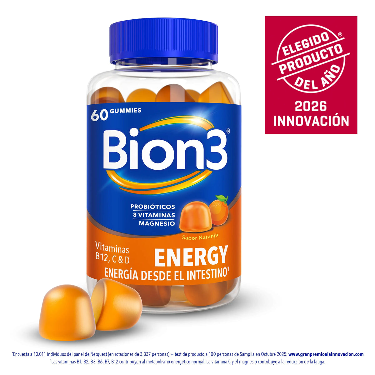 Bion3 Gummies Energy, vitamiinit ja probiootit, B12-vitamiini, C- ja D-vitamiinit sekä magnesium