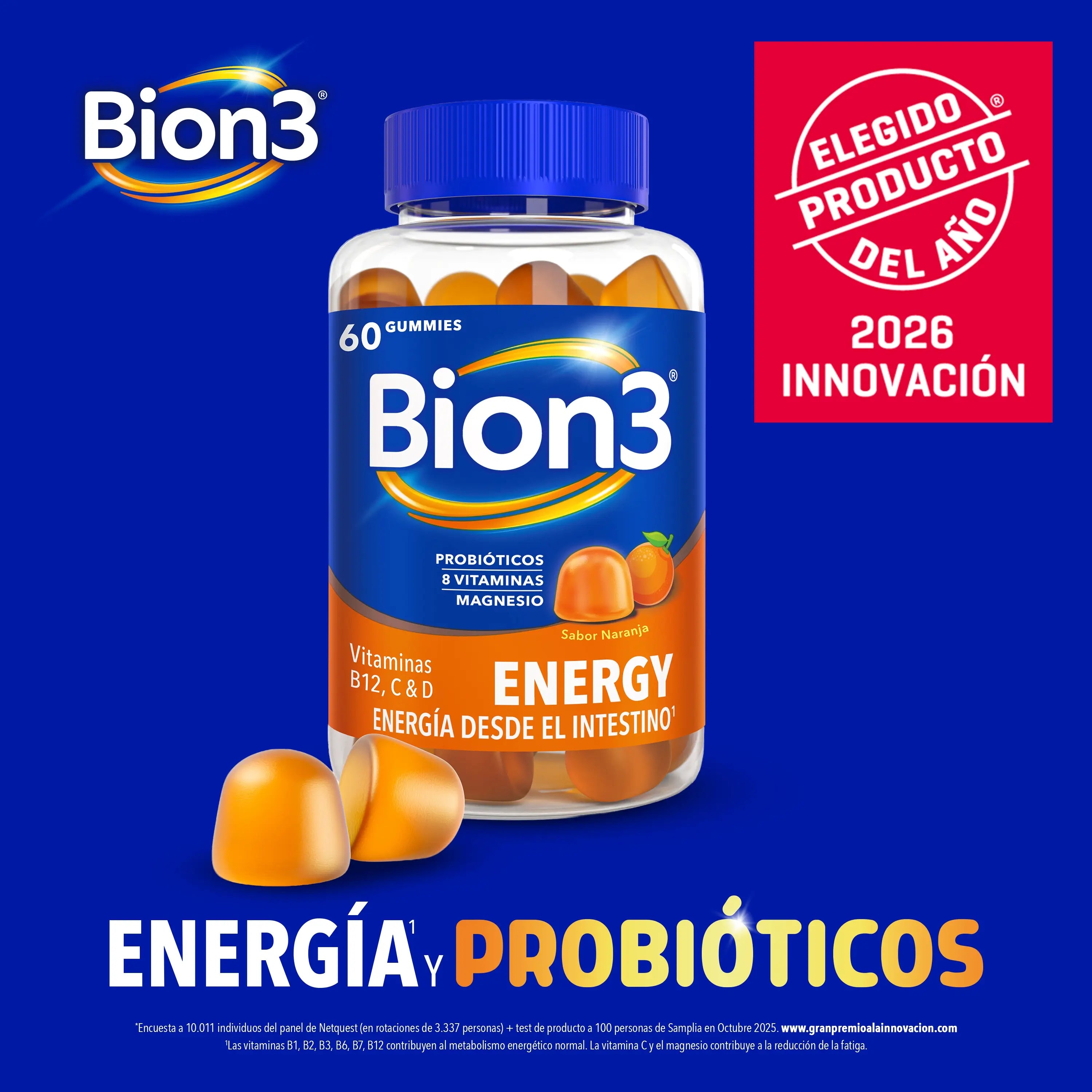 Bion3 Gummies Energy, vitamiinit ja probiootit, B12-vitamiini, C- ja D-vitamiinit sekä magnesium