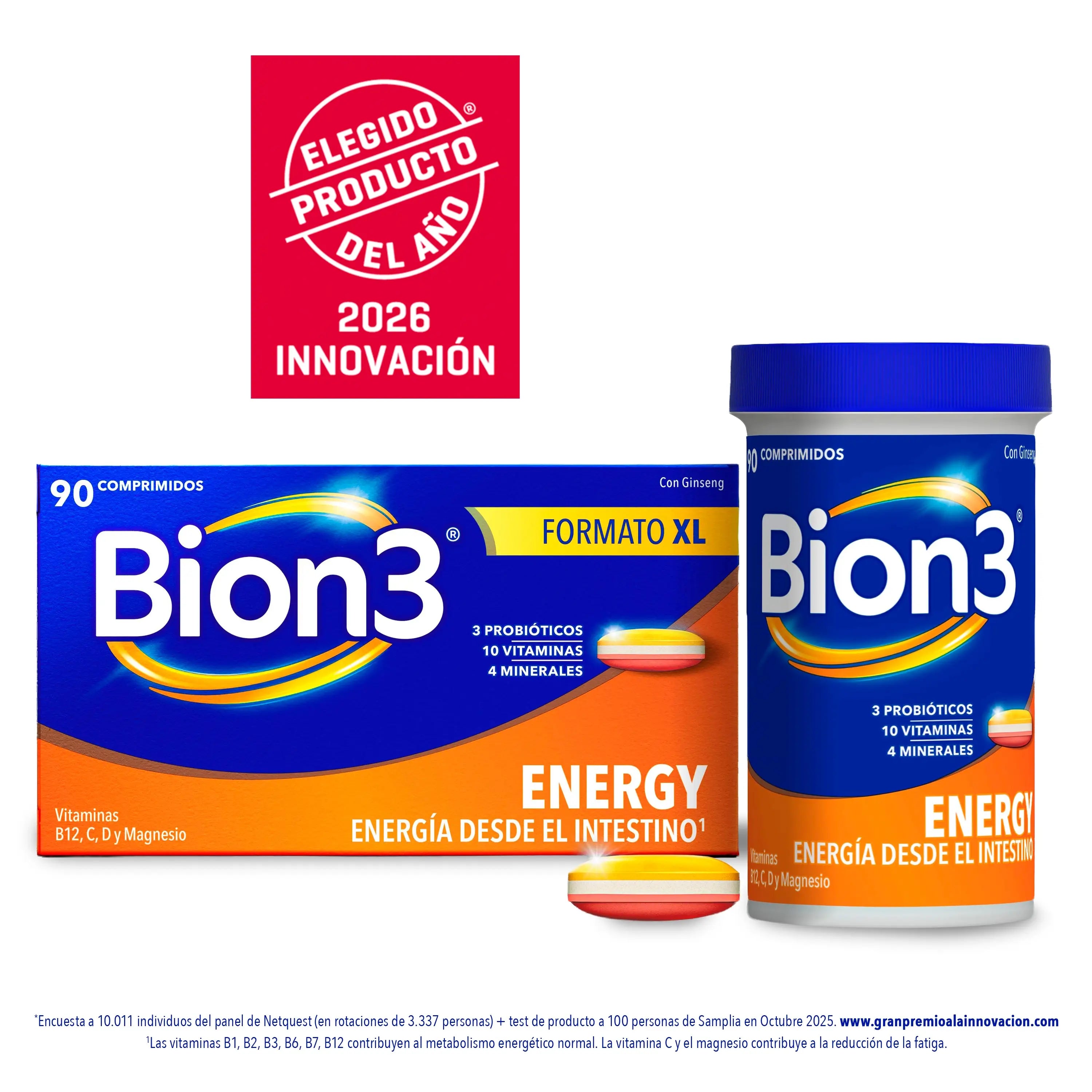 Bion3 Energy -monivitamiinitabletit, joissa on probiootteja, B12- ja C-vitamiinia sekä magnesiumia