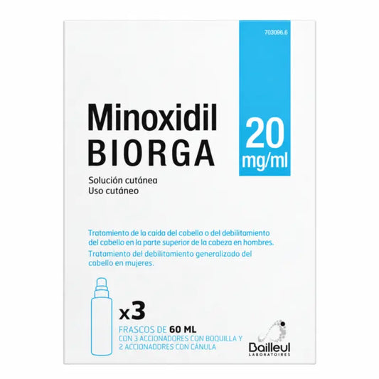 Biorga 20 mg/ml minoksidiili-ihonhoitoliuos, 3 pulloa à 60 ml + 3 suihkepäätä ja 2 kanyylisuihkepäätä