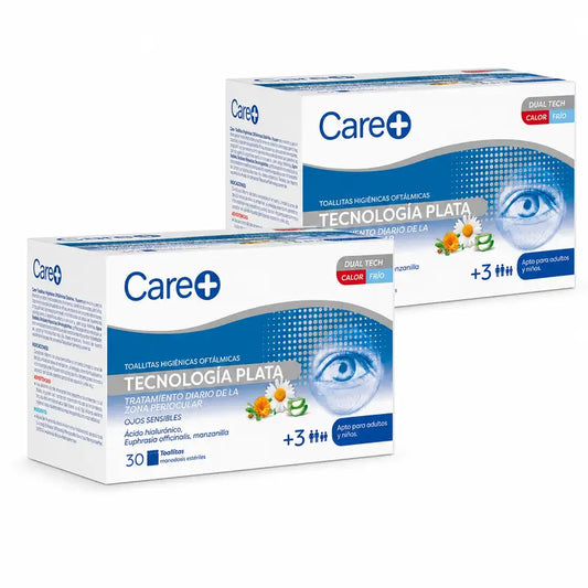 Care+ silmäpyyhkeet, hopeateknologia, 2 x 30 kpl:n pakkaus