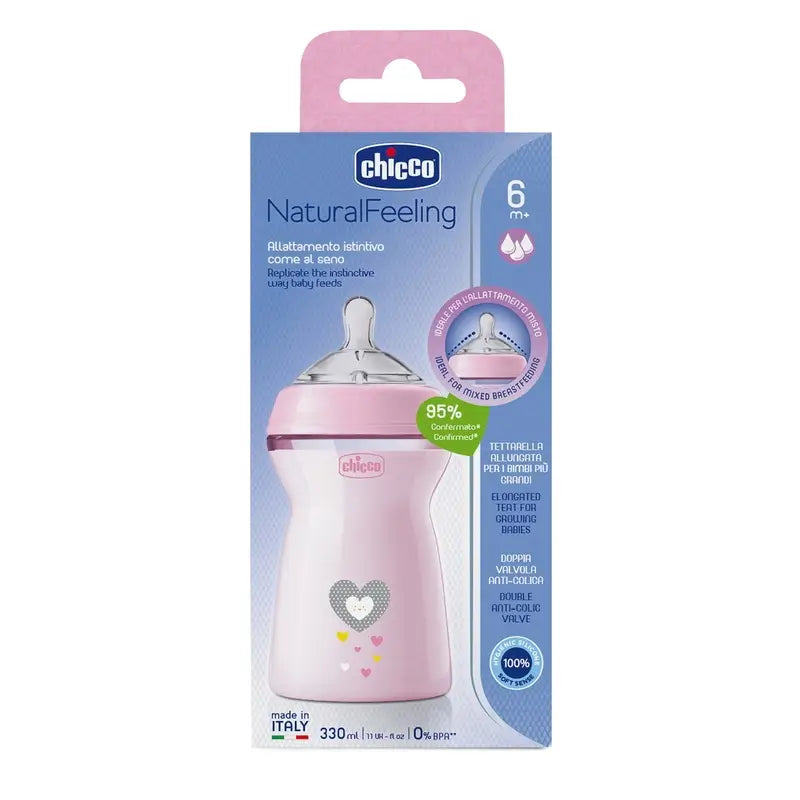 Chicco Naturalfeeling -tutipullo, vaaleanpunainen, nopea virtaus, 330 ml, 6 kk+ 