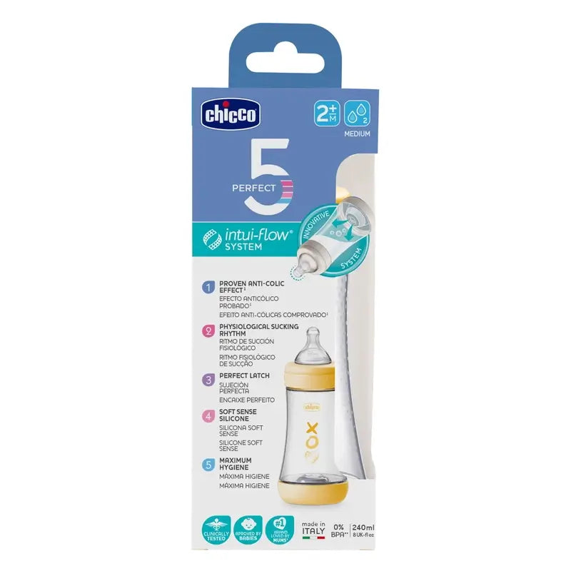 Chicco Perfect5 -tutipullo, neutraali, keskivahva virtaus, 240 ml, 2M+ 