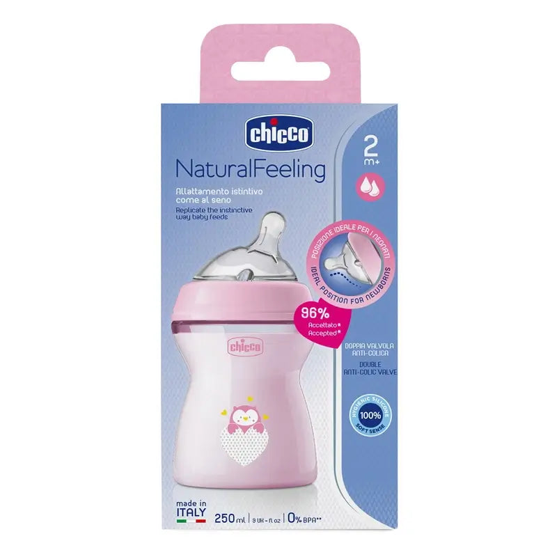 Chicco Naturalfeeling -tutipullo, vaaleanpunainen, keskivahva virtaus, 250 ml, 2 kuukautta+ 
