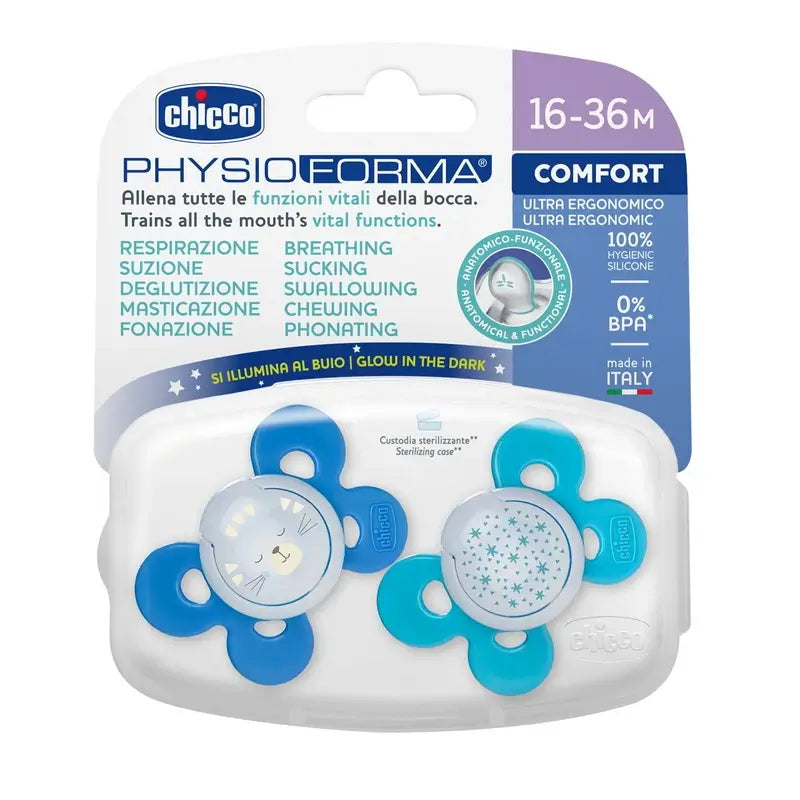 Chicco Physio Comfort -tutti, silikoni, sininen, 16–36 kuukautta, 2 kpl, valikoima 