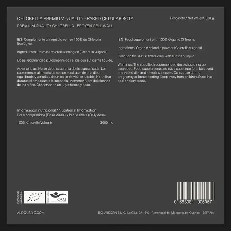 Aldousin luomulaatuinen premium-klorella ja spirulina, 600 kappaletta