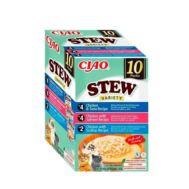 Churu Ciao Stew Wet Cat Food Multipack: Chicken, Tuna, Salmon and Scallops, 10 x 40 g