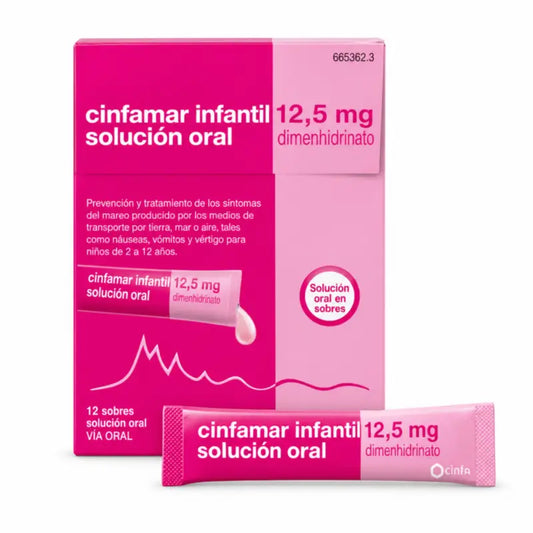 Cinfamar Infantil 12,5 mg suun kautta otettava liuos, 12 pussia
