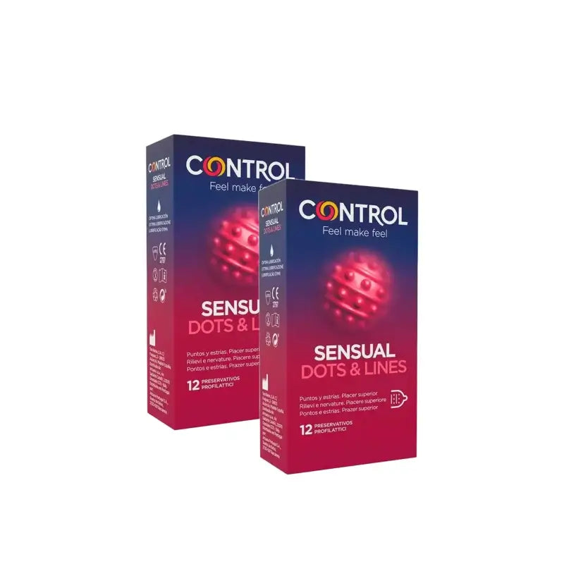 Control Sensual Dots & Line -kondomit, 12 kpl, 2 pakkausta